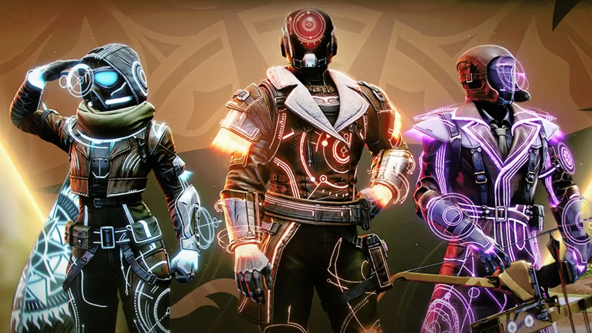 Three Guardians in Destiny 2 wearing Solstice 2024 armor