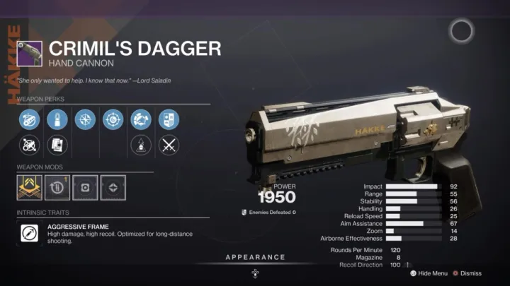 A screenshot of the crimil 's dagger hand cannon in destiny 2 .