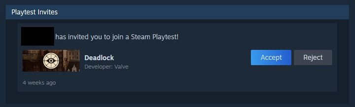 Deadlock playtest invite notification on Steam