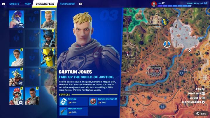 A top down view of a Fortnite map with the location of a specific NPC, Captain Jones, marked 