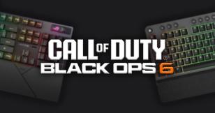 Call of Duty: Black Ops 6 logo in white with the "6" in orange with two black gaming keyboards behind it, both featuring RGB lighting behind the keys.