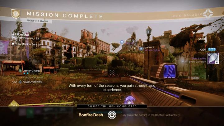 A Destiny 2 screenshot depicting the rewards obtained after completing the Bonfire Bash activity