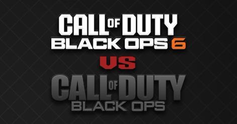 Call of Duty: Black Ops 6 logo in white and black above "vs" in red and a Call of Duty: Black Ops logo in a gradient gray color.