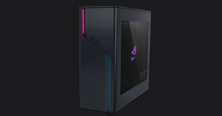 ASUS ROG G22CH product image of a black PC case featuring pink and blue lights along the front panel.