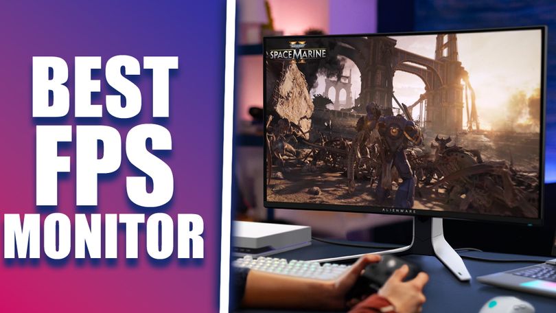A monitor at a desk with Space Marine II gameplay on the screen on one side of a white line. On the other, "BEST FPS MONITOR" text in white.