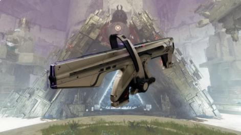 The Choir of One weapon, an Exotic auto rifle in Destiny 2, with a Vex facility as a background