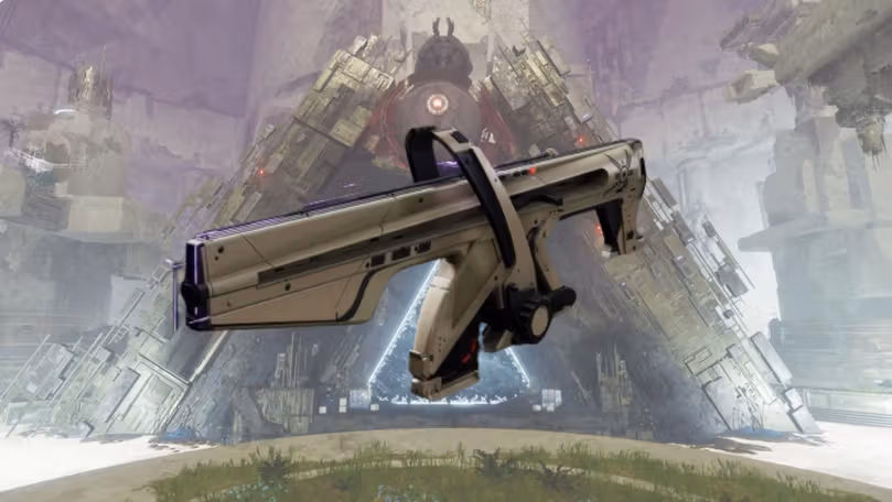 The Choir of One weapon, an Exotic auto rifle in Destiny 2, with a Vex facility as a background