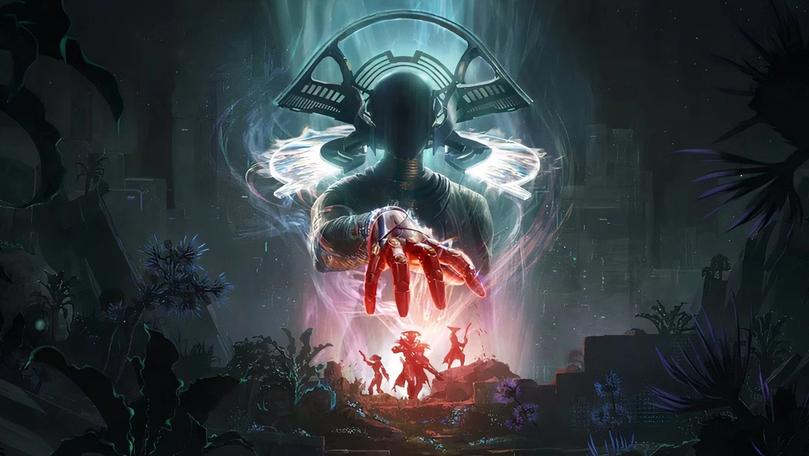 Three humanoid figures in full armor sets exploring a green lush area with a massive alien-like figure above them