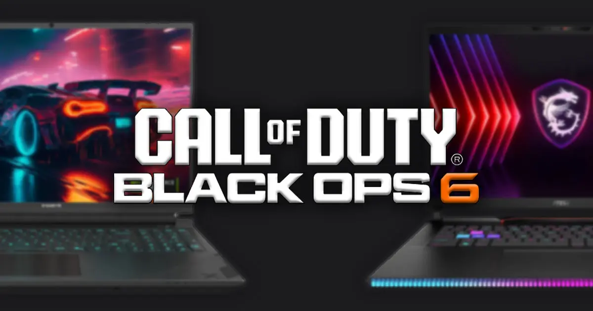 Call of Duty: Black Ops 6 logo in white with an orange "6" with two black gaming laptops behind it.