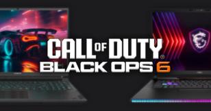 Call of Duty: Black Ops 6 logo in white with an orange "6" with two black gaming laptops behind it.