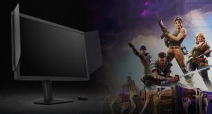 A black BenQ monitor featuring FPS shields on either side. Next to this, Fortnite's cover art featuring four characters from the game.