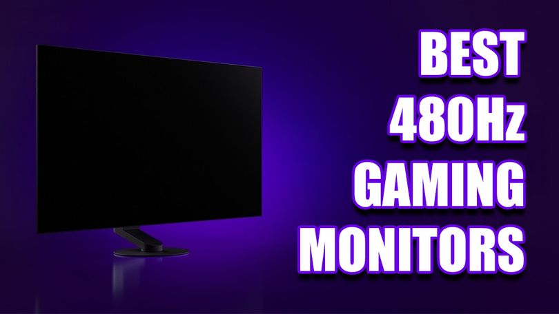 A black Sony gaming monitor next to white "BEST 480Hz GAMING MONITOR" branding with a purple outline.
