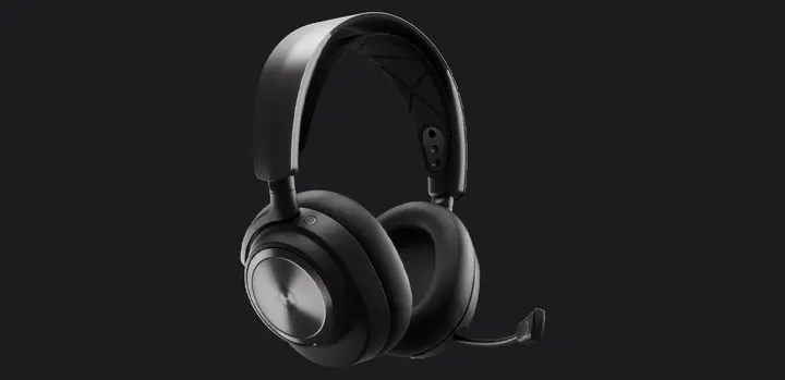 Product image of SteelSeries Arctis Nova Pro, a black over-ear headset with a microphone running around the front.