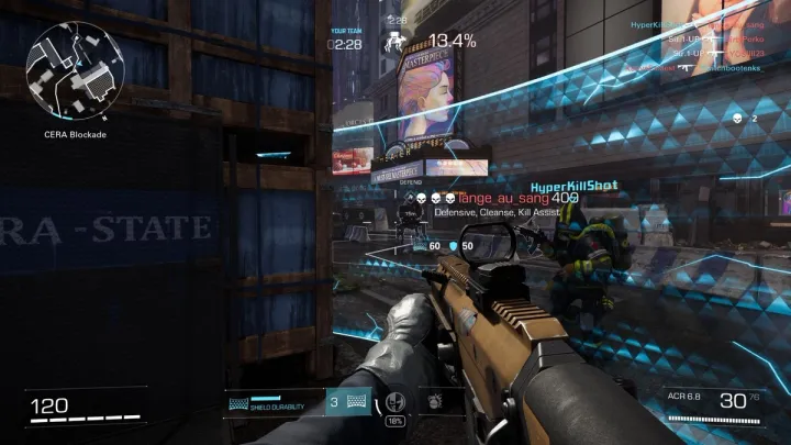 A first-person screenshot of XDefiant Ranked gameplay shows the player holding their assault rifle at the ready after defeating two enemies further down the road in a city.