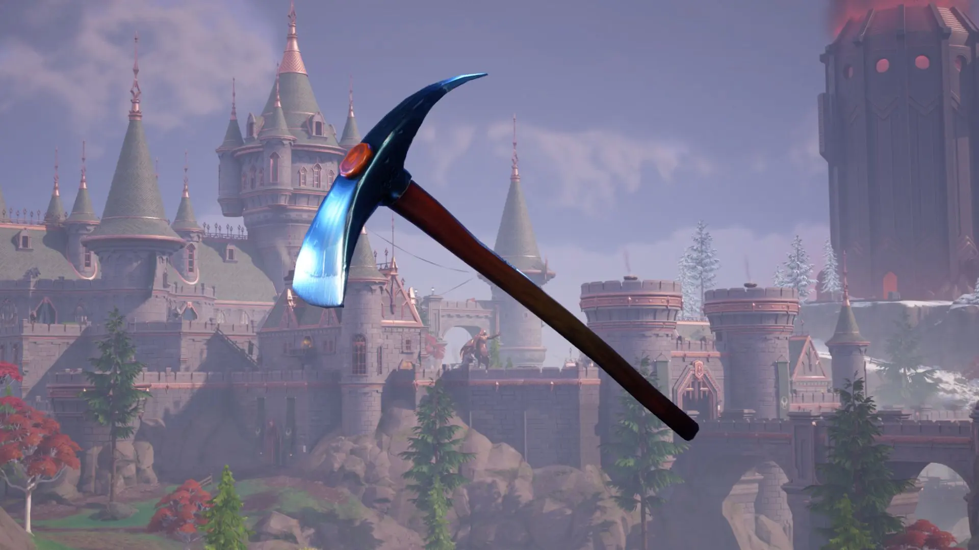 A Fortnite pickaxe with Doom's castle in the background