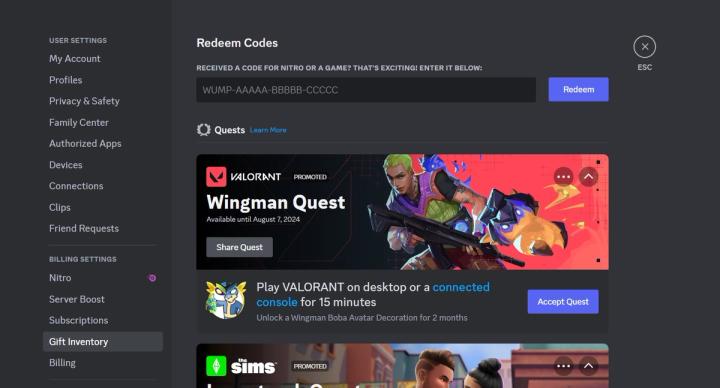 a screenshot of the discord quests settings menu