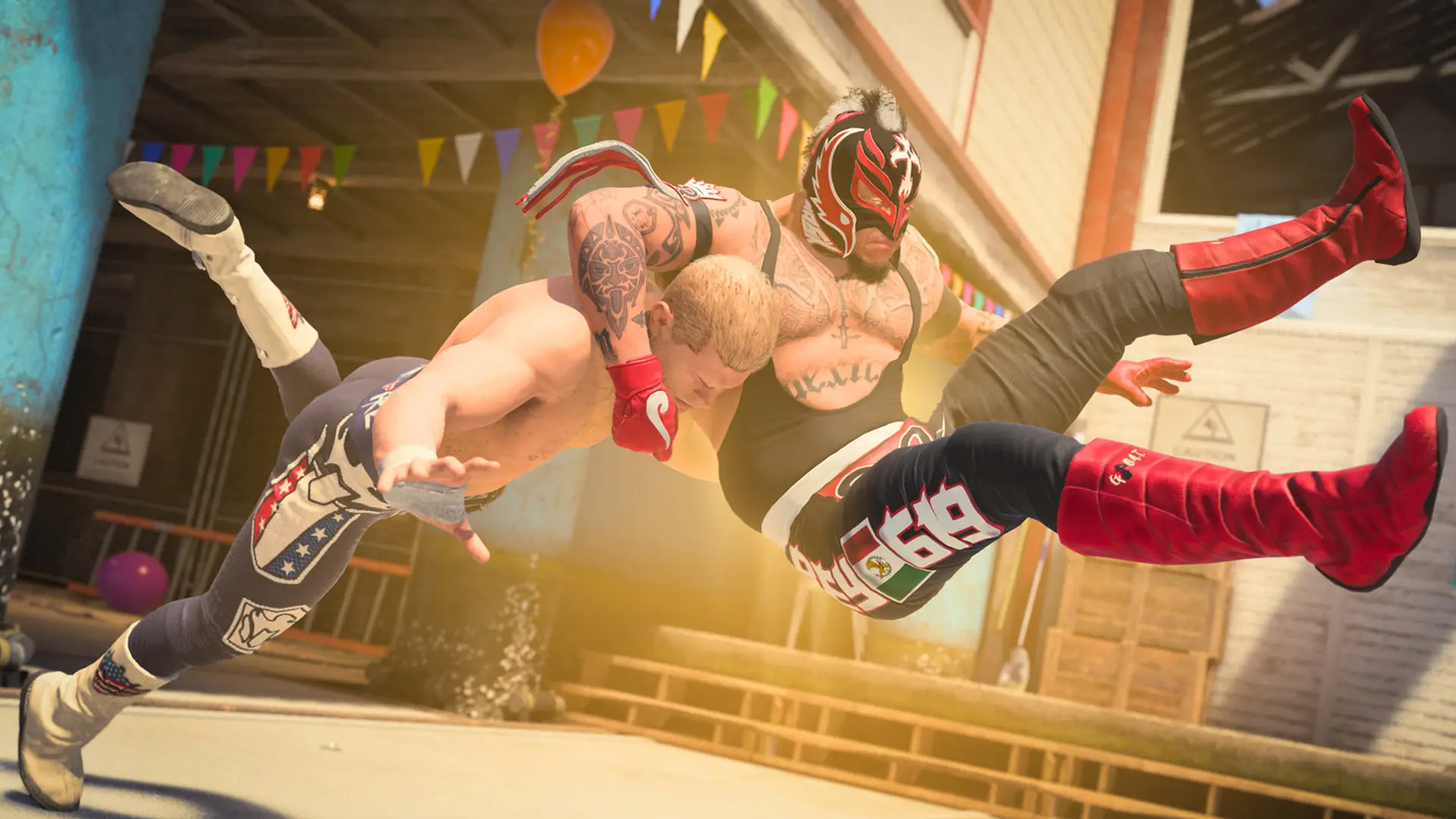 two wrestlers are wrestling in a ring in a video game .