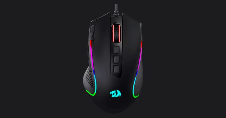 Redragon M612 Predator product image of a black ergonomic gaming mouse featuring multicolored lighting for trim.