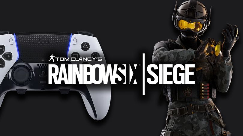 A white and black DualSense Edge controller with a character from Rainbow Six Siege next to it wearing black with a yellow visor. Both are behind Rainbow Six Siege branding in white.