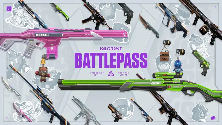 Artwork showing the different cosmetics of Valorant's Episode 9 Act 2 battle pass.