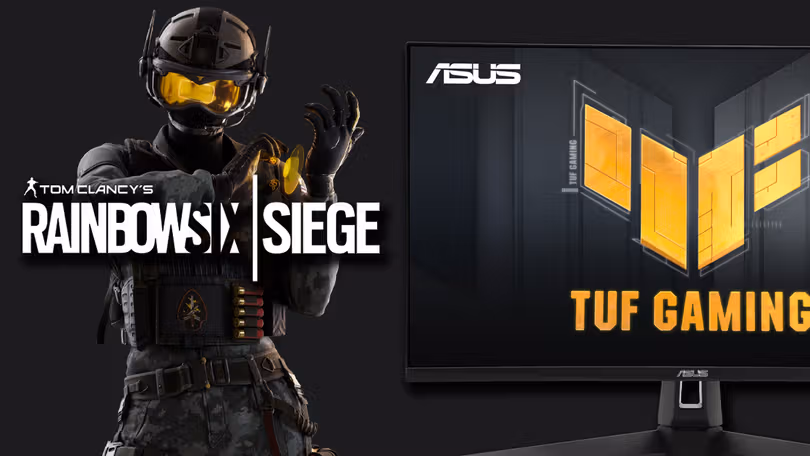 A black ASUS monitor with TUF Gaming branding in yellow on the display and Solis from Siege next to it.