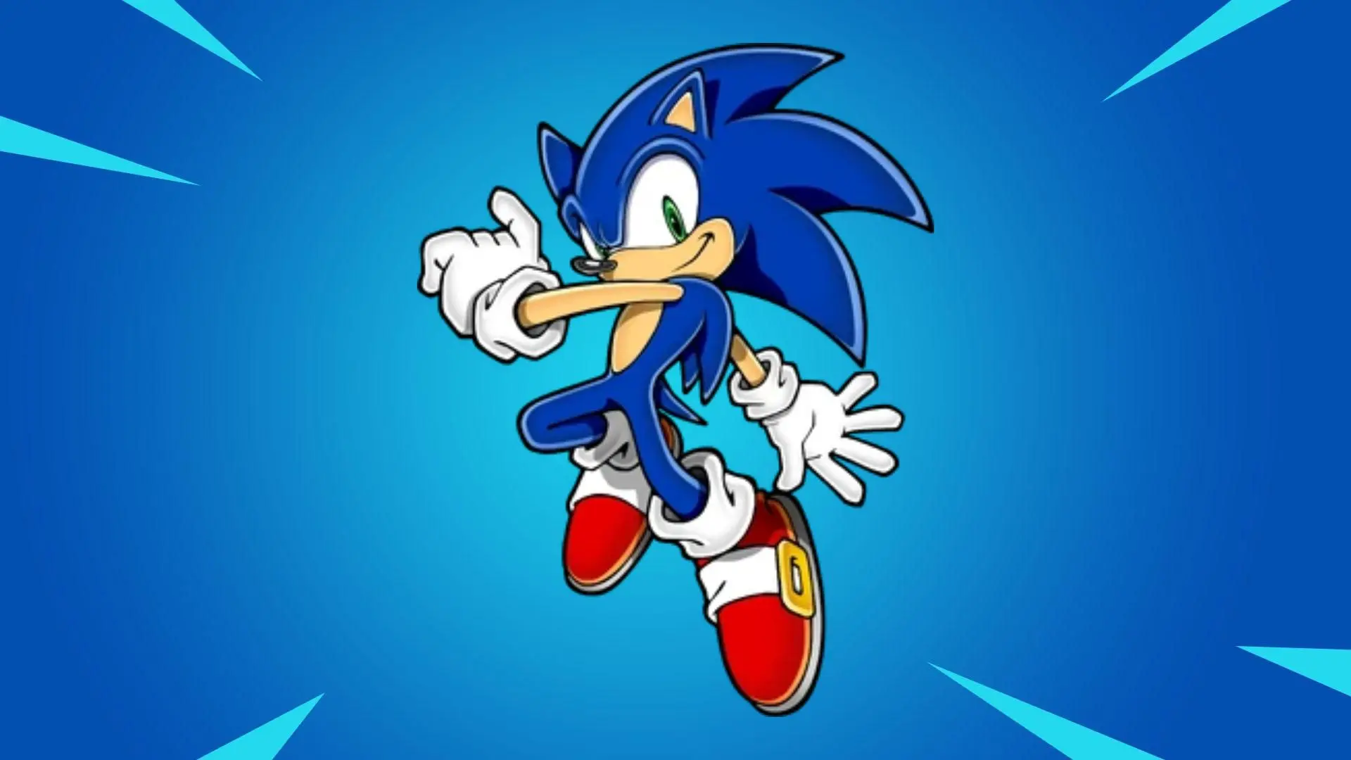 Sonic the Hedgehog striking his signature with the Fortnite blue backdrop