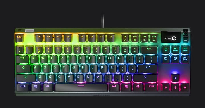 SteelSeries Apex Pro TKL product image of a black, tenkeyless, wired keyboard with RGB multicolored lighting behind the keys.