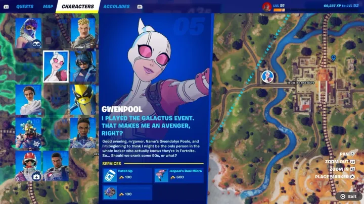 A top down view of the fortnite map with the location of an NPC, Gwenpool, marked