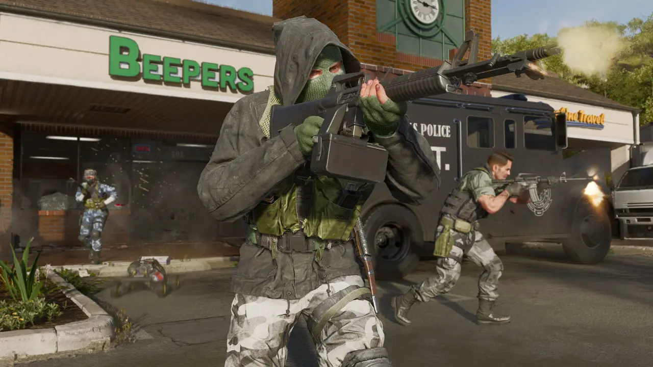 Black Ops 6 operator aiming with a light machine gun and other operators in the back