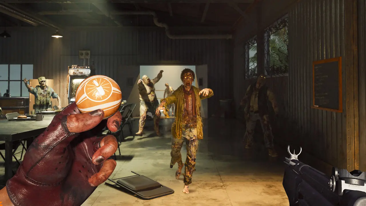 a character from Black Ops 6 Zombies holding a GoggleGum in one hand and a gun in the other