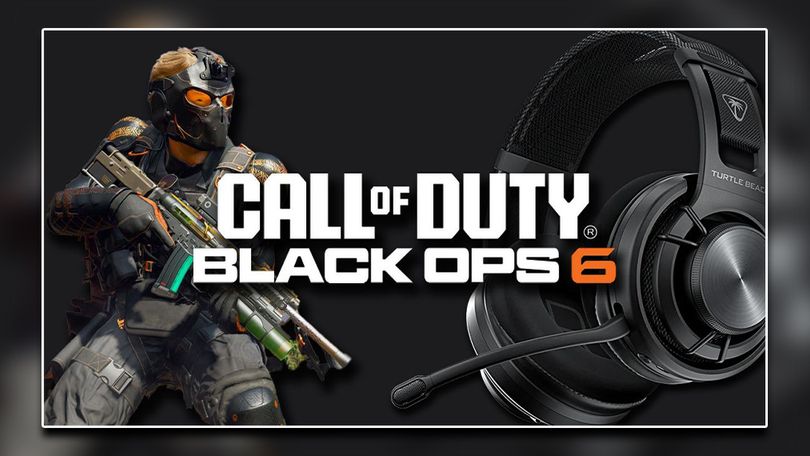 Call of Duty: Black Ops 6 logo in white with an orange "6". Behind it, a solider carrying a weapon from Black Ops 6 as well as a black over-ear Turtle Beach headset.
