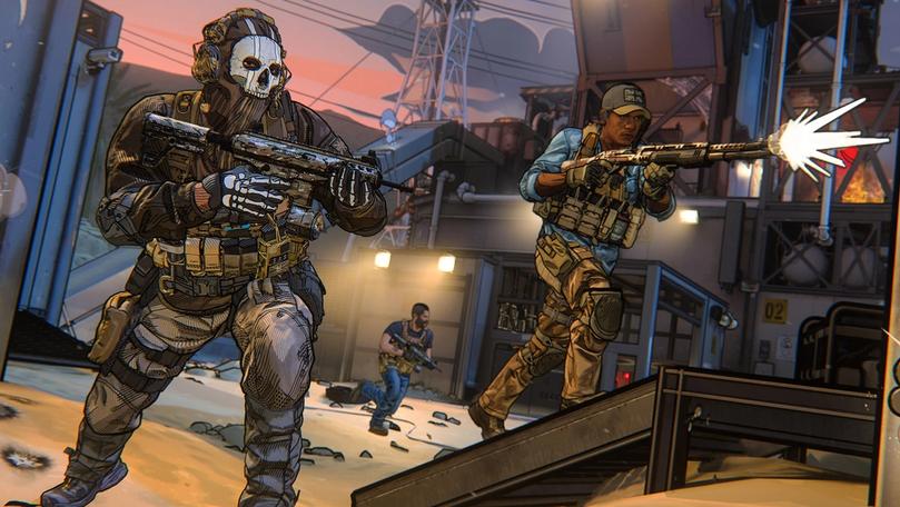 MW3 Gaz and Ghost holding and firing guns on cel-shaded Rust map