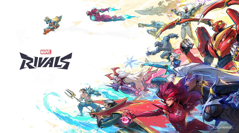 A key art with the Marvel Rivals logo and several of the heroes from the game to the right