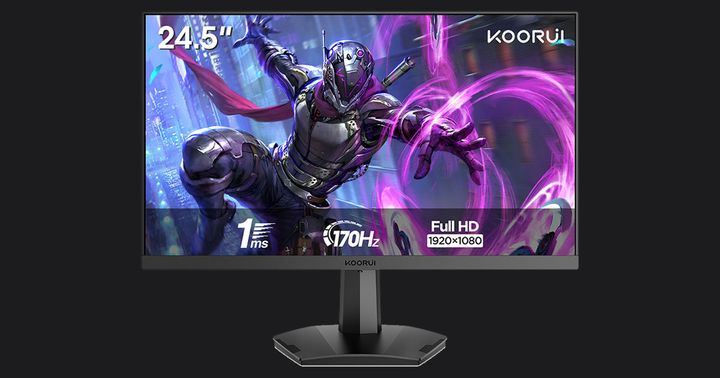 KOORUI 25E3A product image of a black near-frameless monitor with a black-armored video game character on the display with a purple light around its arm.