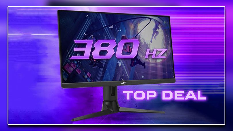 A black ASUS gaming monitor with 380Hz text in purple on the screen and "TOP DEAL" text in purple below the monitor.