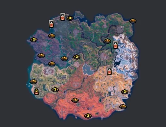 A top down view of the fortnite map with the locations of all gas stations and campfires  