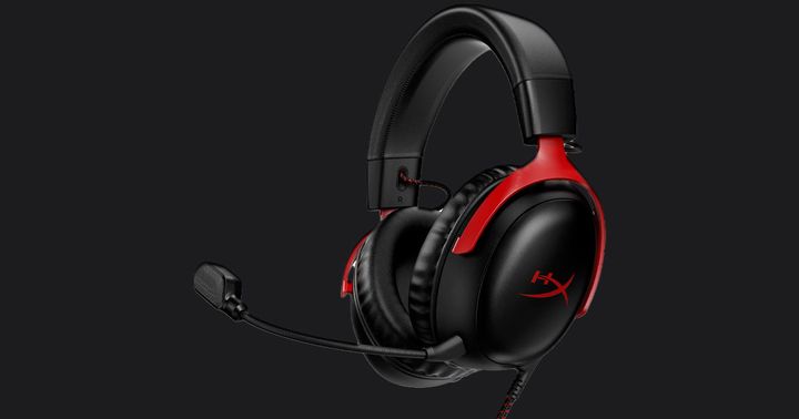 HyperX Cloud III product image of a black over-ear headset featuring red trim and branding.