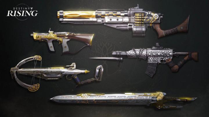 An image depicting several weapons including assault rifles and crossbows in Destiny Rising