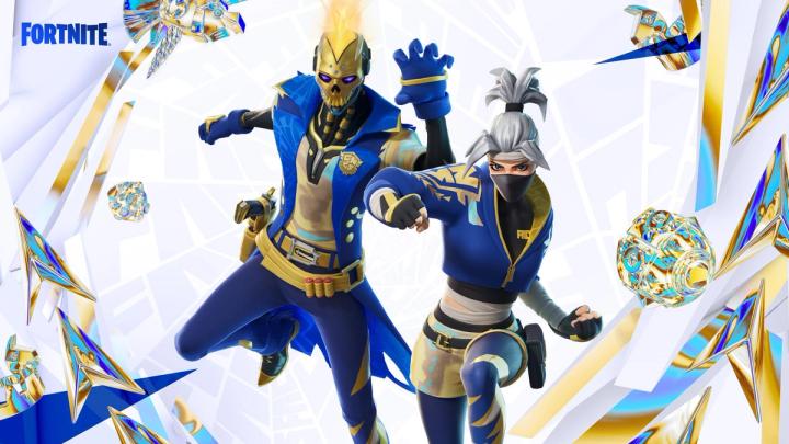 Two Fortnite characters, Kuno and Renzo, wearing matching blue and gold outfits