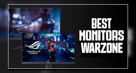 Two black gaming monitors, both featuring video game characters holding swords on the displays, next to "BEST MONITORS WARZONE" branding in white.