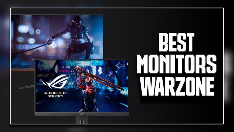 Two black gaming monitors, both featuring video game characters holding swords on the displays, next to "BEST MONITORS WARZONE" branding in white.