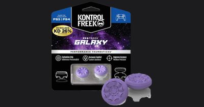 KontrolFreek FPS Freek Galaxy product image of a pair of purple and gray thumbstick attachments next to their packaging.