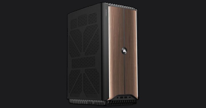 Corsair ONE i500 product image of a black PC case with dark brown wooden front panels.