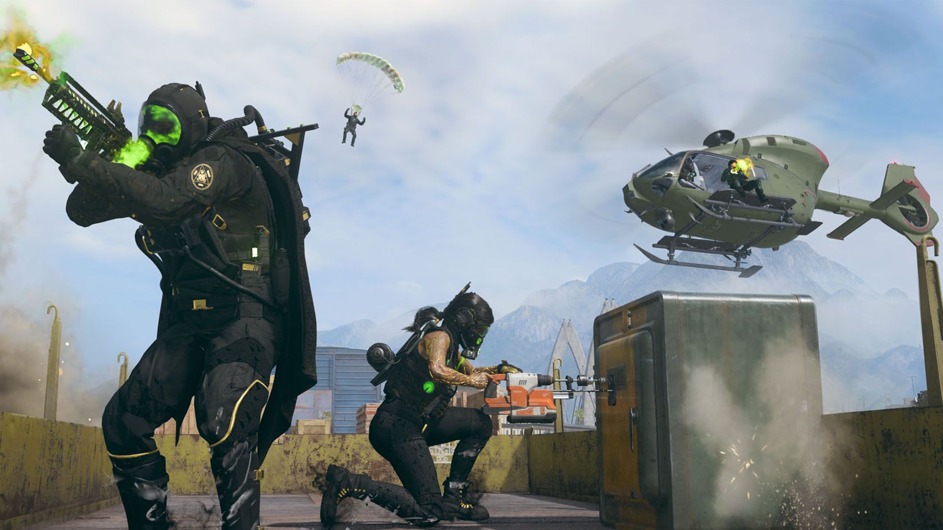 Warzone players opening a locked vault while holding weaponry. An enemy piloting a helicopter is flying close by in the background