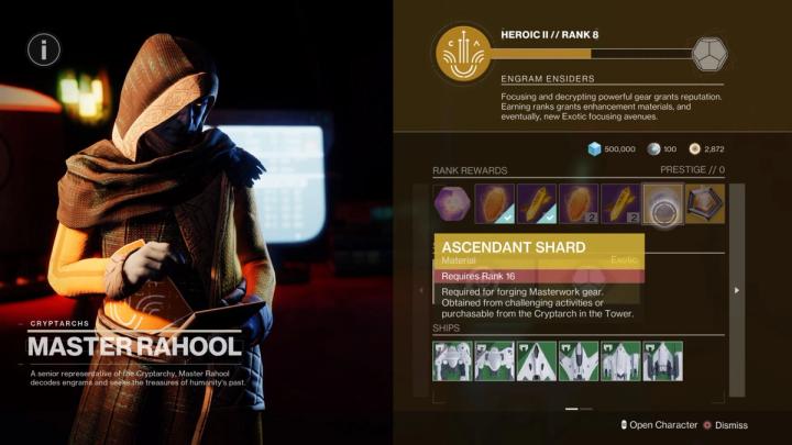 The Master Rahool vendor screen featuring Exotic Shards in Destiny 2.