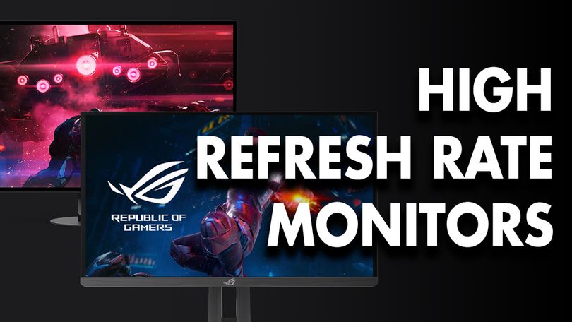 Two different gaming monitors, one featuring a red Sci-Fi scene on the display, the other featuring Republic Of Gamers branding in white, next to "HIGH REFRESH RATE MONITORS" in white.
