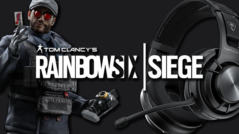 A black, mesh, over-ear headset with Flores from Siege holding a card next to it. Rainbow Six Siege branding in white is in front of both.