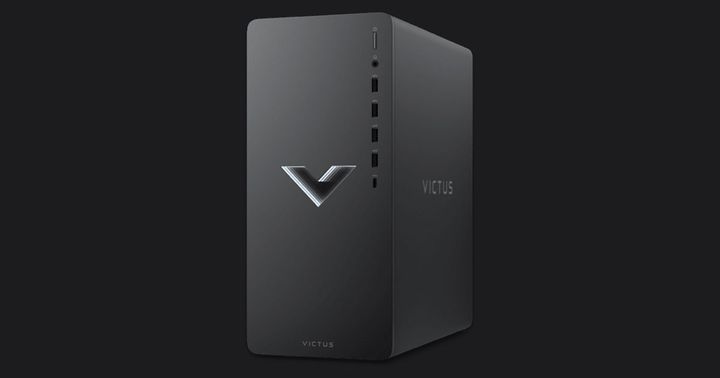 HP Victus 15L product image of a dark gray PC case featuring Victus branding down the side panel.