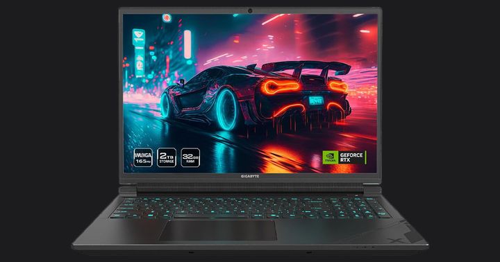 GIGABYTE G6X product image of a black laptop with a neon-lit car on the display.