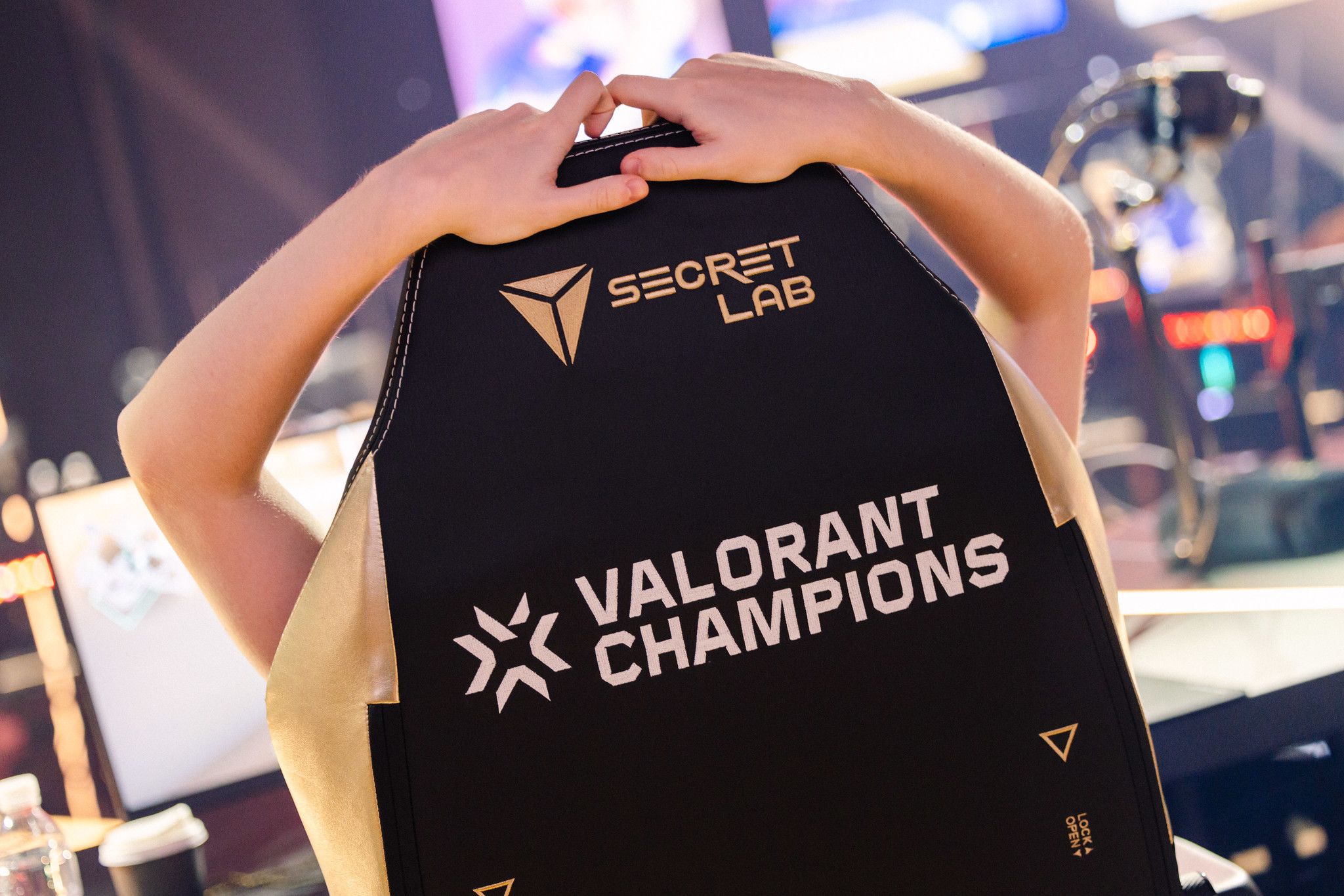 a person is holding a chair that says valorant champions on it .